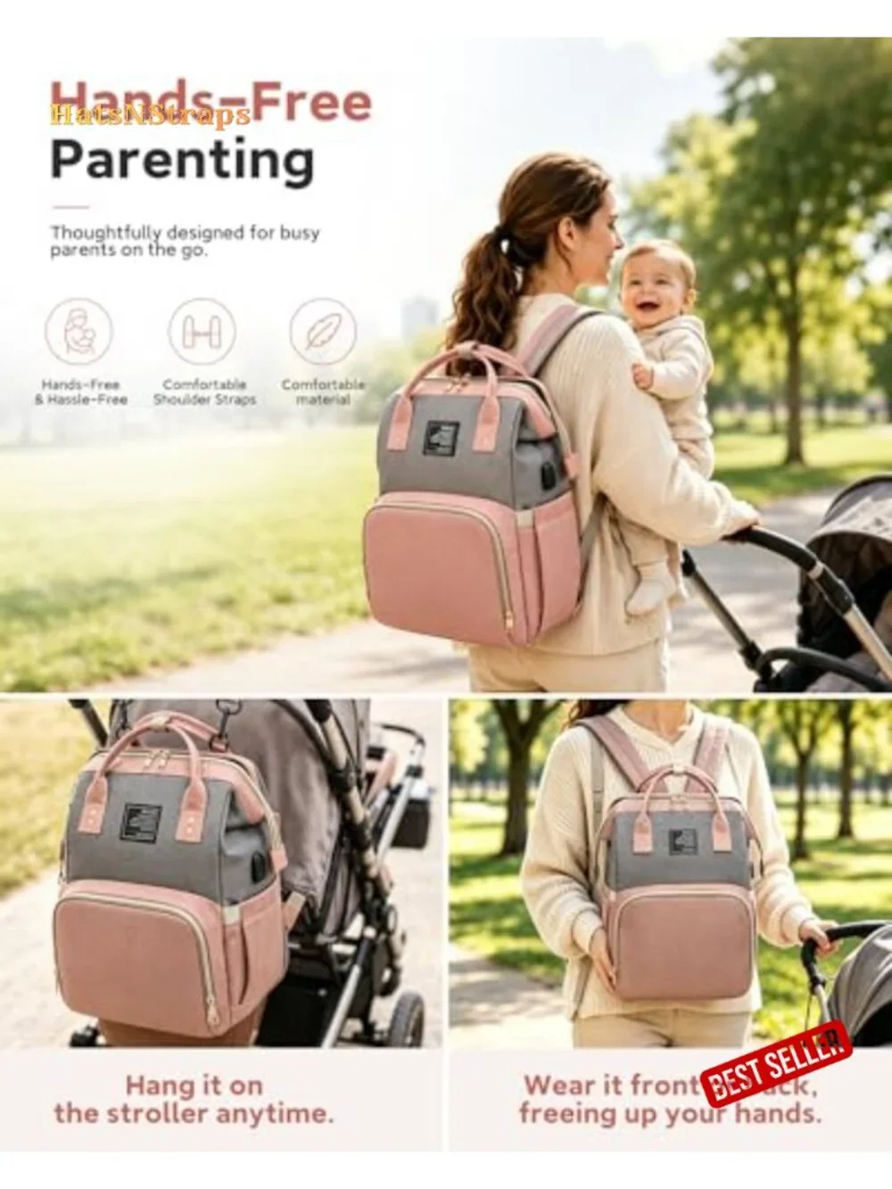 Large Diaper Bag Backpack with Changing Station, 25L Capacity, USB Port,